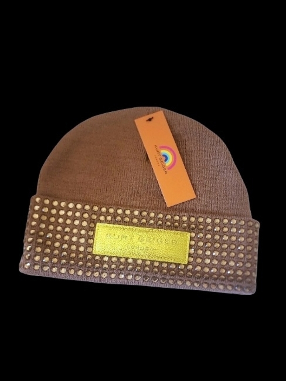 Kurt Geiger Taupe Knit Beanie With Gold Logo Plaque And Studs